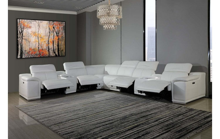 DivanItalia White 8-Piece Sectional – Top Grain Italian Leather with 4 Power Recliners and 2 Consoles